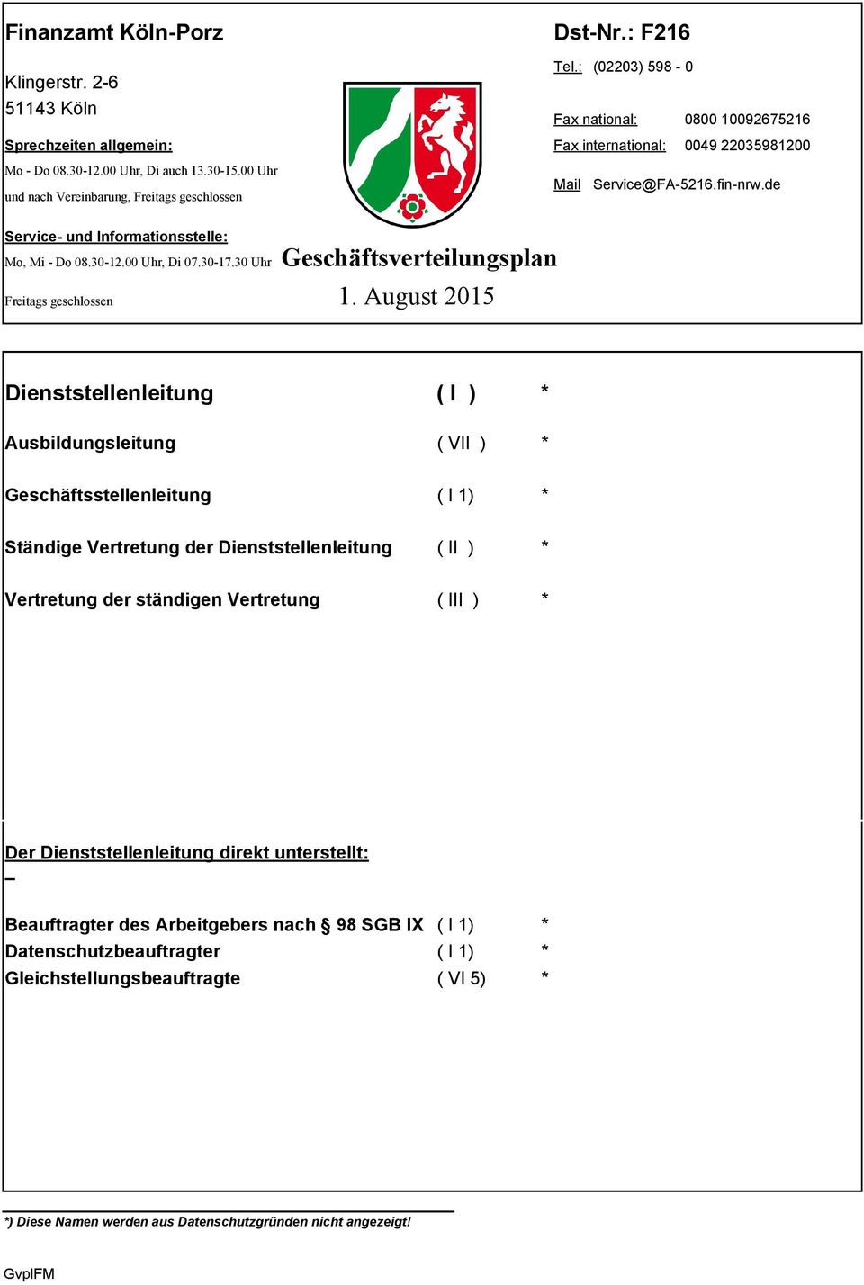 30 Uhr Freitags geschlossen Geschäftsverteilungsplan 1.