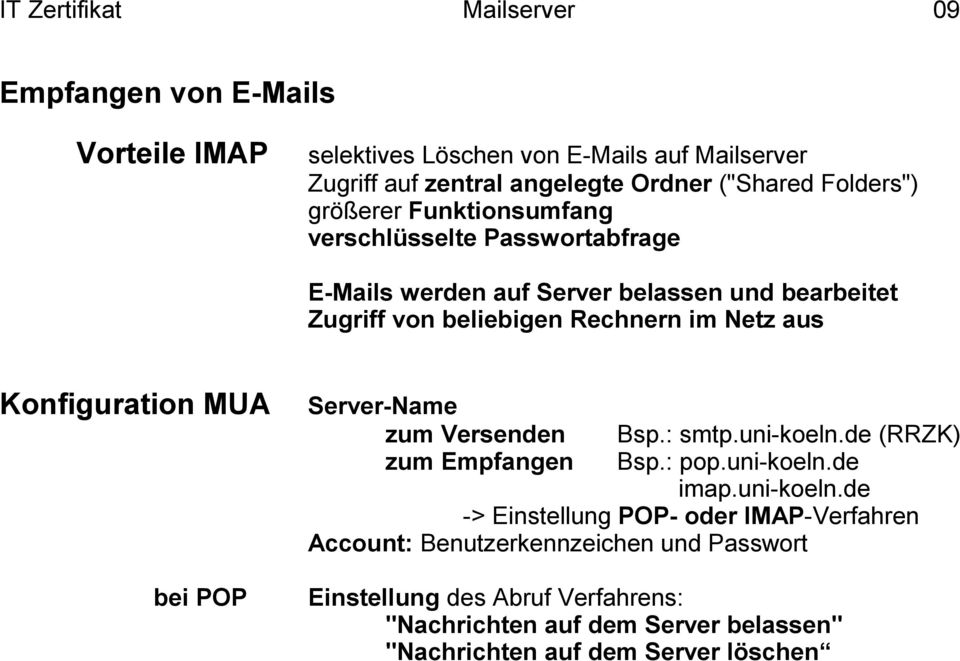 MUA bei POP Server-Name zum Versenden Bsp.: smtp.uni-koeln.