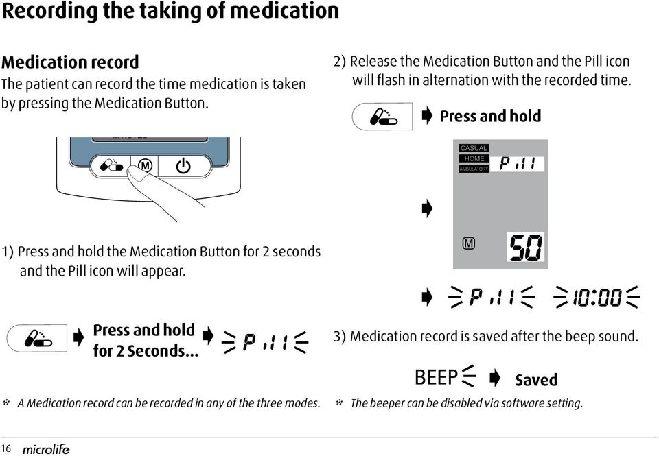 Press and hold 1) Press and hold the Medication Button for 2 seconds and the Pill icon will appear. Press and hold for 2 Seconds.