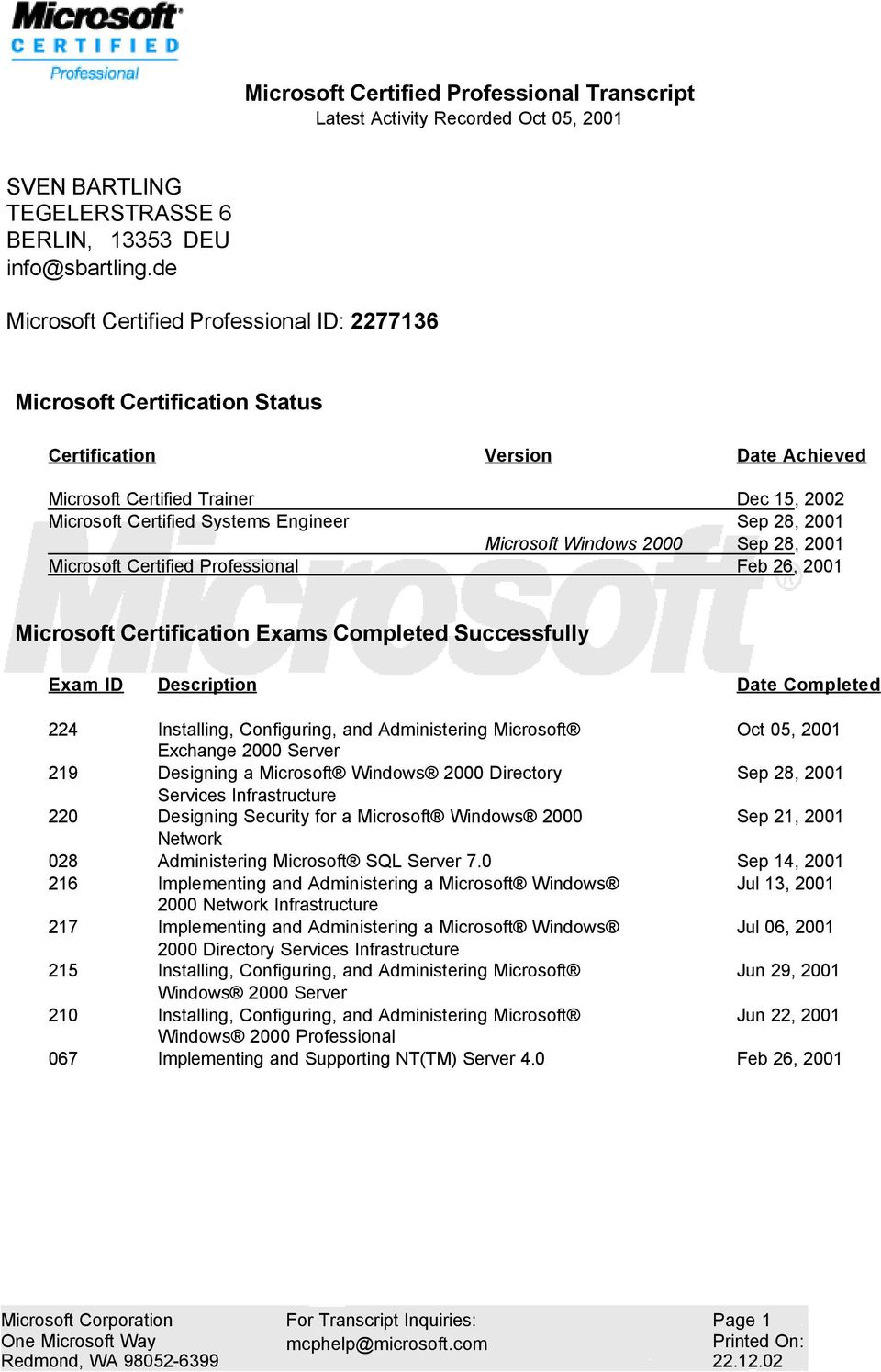 28, 2001 Microsoft Windows 2000 Sep 28, 2001 Microsoft Certified Professional Feb 26, 2001 Microsoft Certification Exams Completed Successfully Exam ID Description Date Completed 224 Installing,