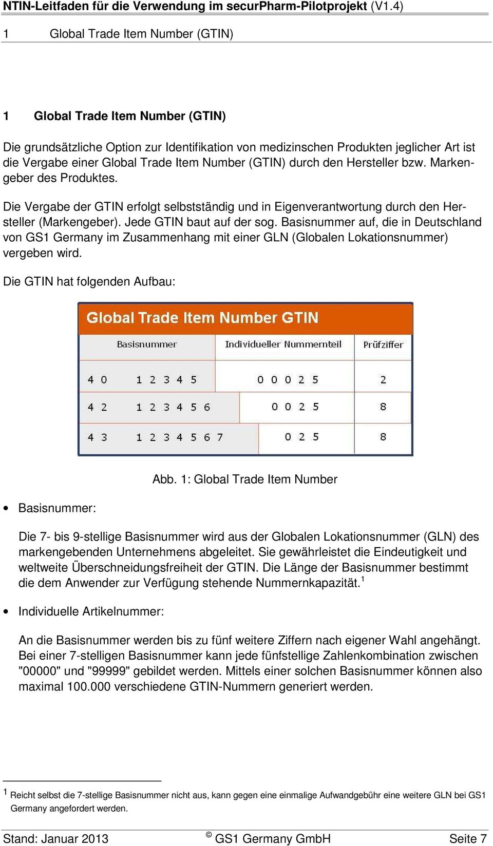 Basisnummer auf, die in Deutschland von GS1 Germany im Zusammenhang mit einer GLN (Globalen Lokationsnummer) vergeben wird. Die GTIN hat folgenden Aufbau: Basisnummer: Abb.