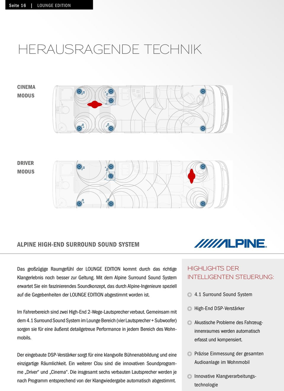 Mit dem Alpine Surround Sound System erwartet Sie ein faszinierendes Soundkonzept, das durch Alpine-Ingenieure speziell auf die Gegebenheiten der LOUNGE EDITION abgestimmt worden ist.