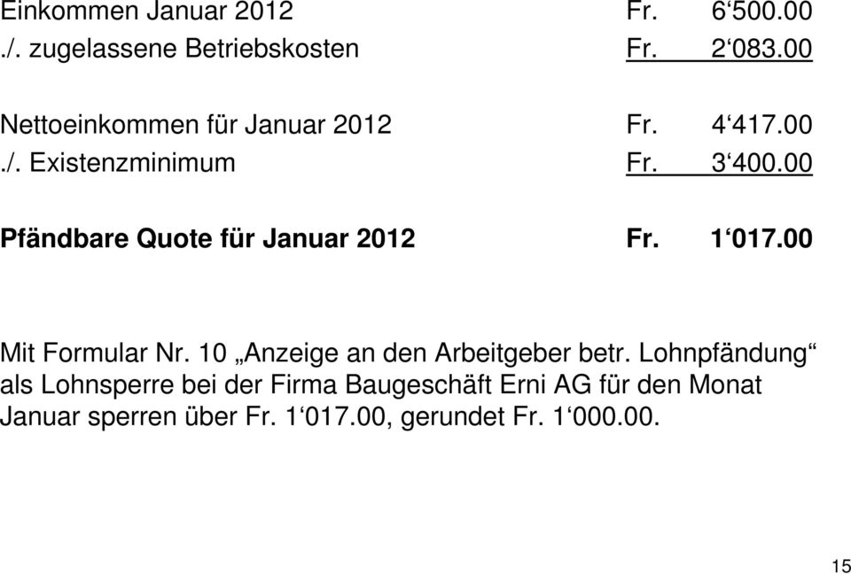 00 Pfändbare Quote für Januar 2012 Fr. 1 017.00 Mit Formular Nr.