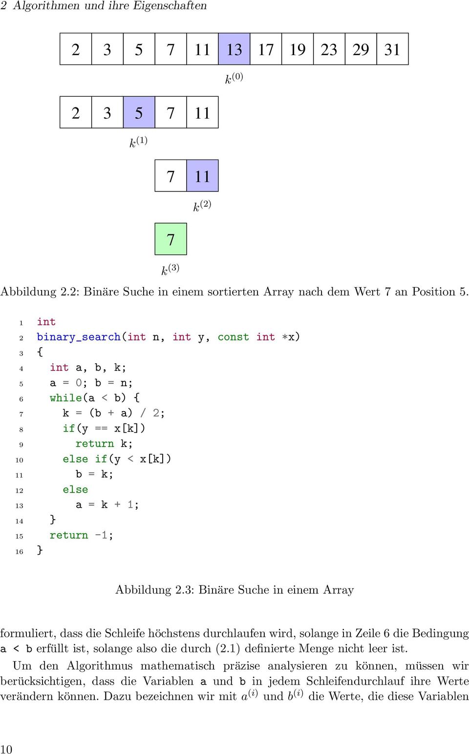 14 } 15 return -1; 16 } Abbildung.3: Binäre Suche in einem Array formuliert, dass die Schleife höchstens durchlaufen wird, solange in Zeile 6 die Bedingung a < b erfüllt ist, solange also die durch (.