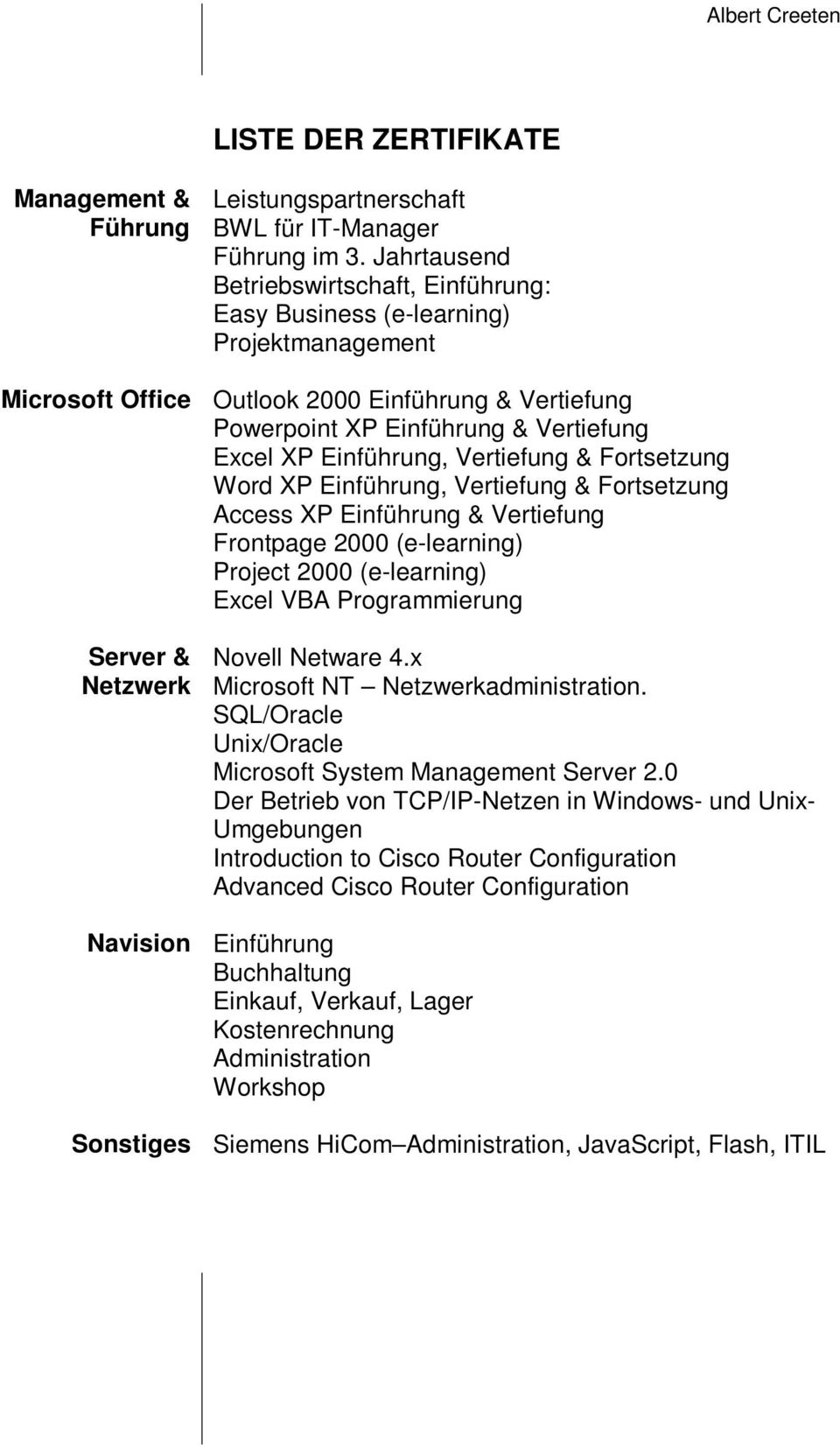 Einführung, Vertiefung & Fortsetzung Word XP Einführung, Vertiefung & Fortsetzung Access XP Einführung & Vertiefung Frontpage 2000 (e-learning) Project 2000 (e-learning) Excel VBA Programmierung