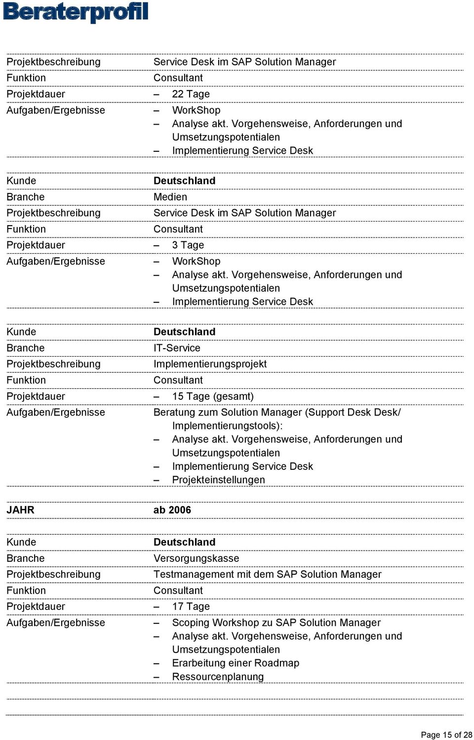Desk/ Implementierungstools): Projekteinstellungen JAHR ab 2006 Versorgungskasse Testmanagement mit dem SAP Solution Manager