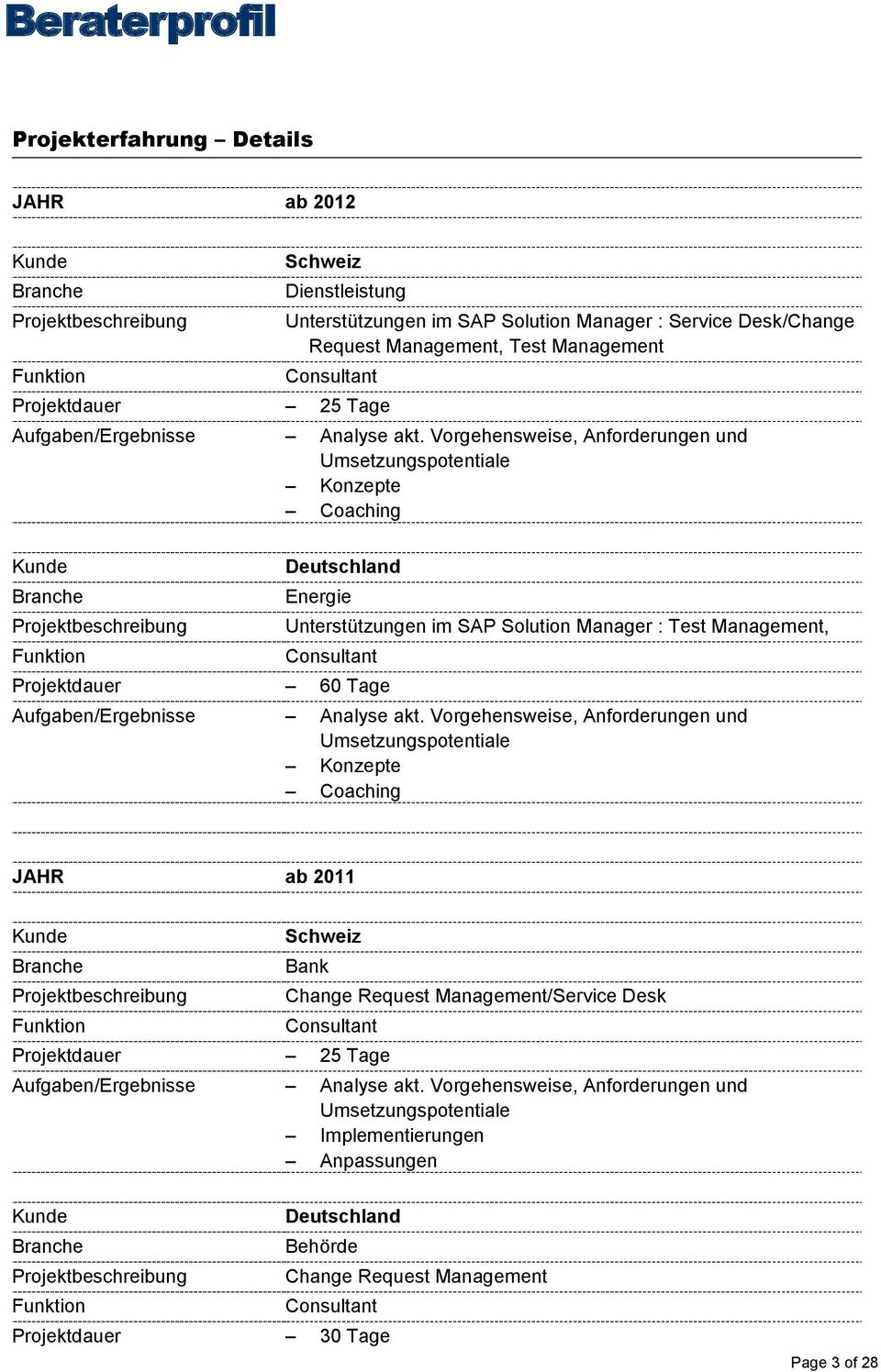 Solution Manager : Test Management, Projektdauer 60 Tage Aufgaben/Ergebnisse Konzepte JAHR ab 2011 Schweiz Bank Change