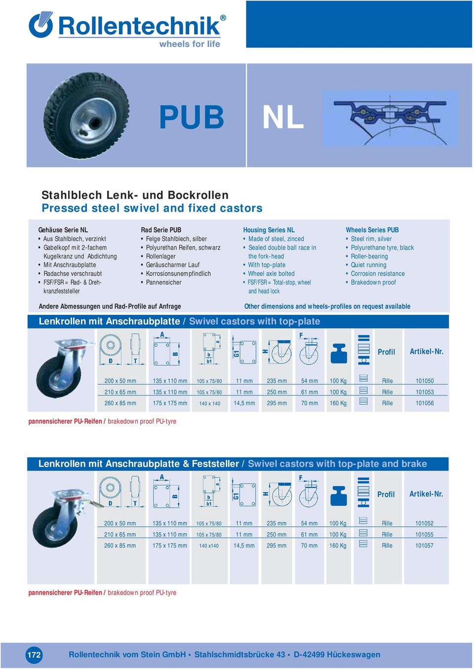 NL Made of steel, zinced Sealed double ball race in the fork-head With top-plate Wheel axle bolted FSF/FSR = Total-stop, wheel and head lock Wheels Series PUB Steel rim, silver Polyurethane tyre,