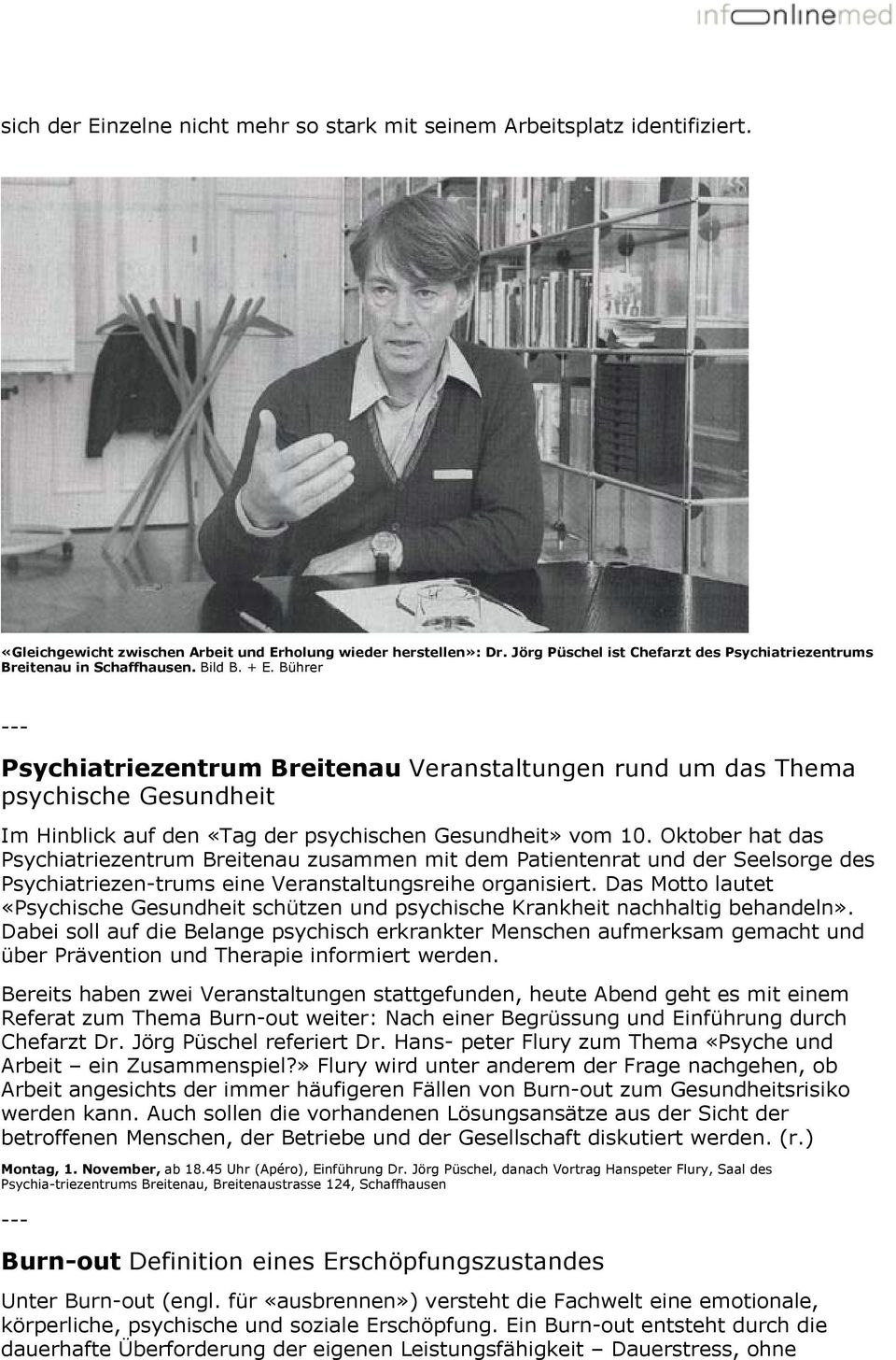Bührer --- Psychiatriezentrum Breitenau Veranstaltungen rund um das Thema psychische Gesundheit Im Hinblick auf den «Tag der psychischen Gesundheit» vom 10.