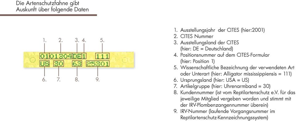 Wissenschaftliche Bezeichnung der verwendeten Art oder Unterart (hier: Alligator mississippiensis = 111) 6. Ursprungsland (hier: USA = US) 7.