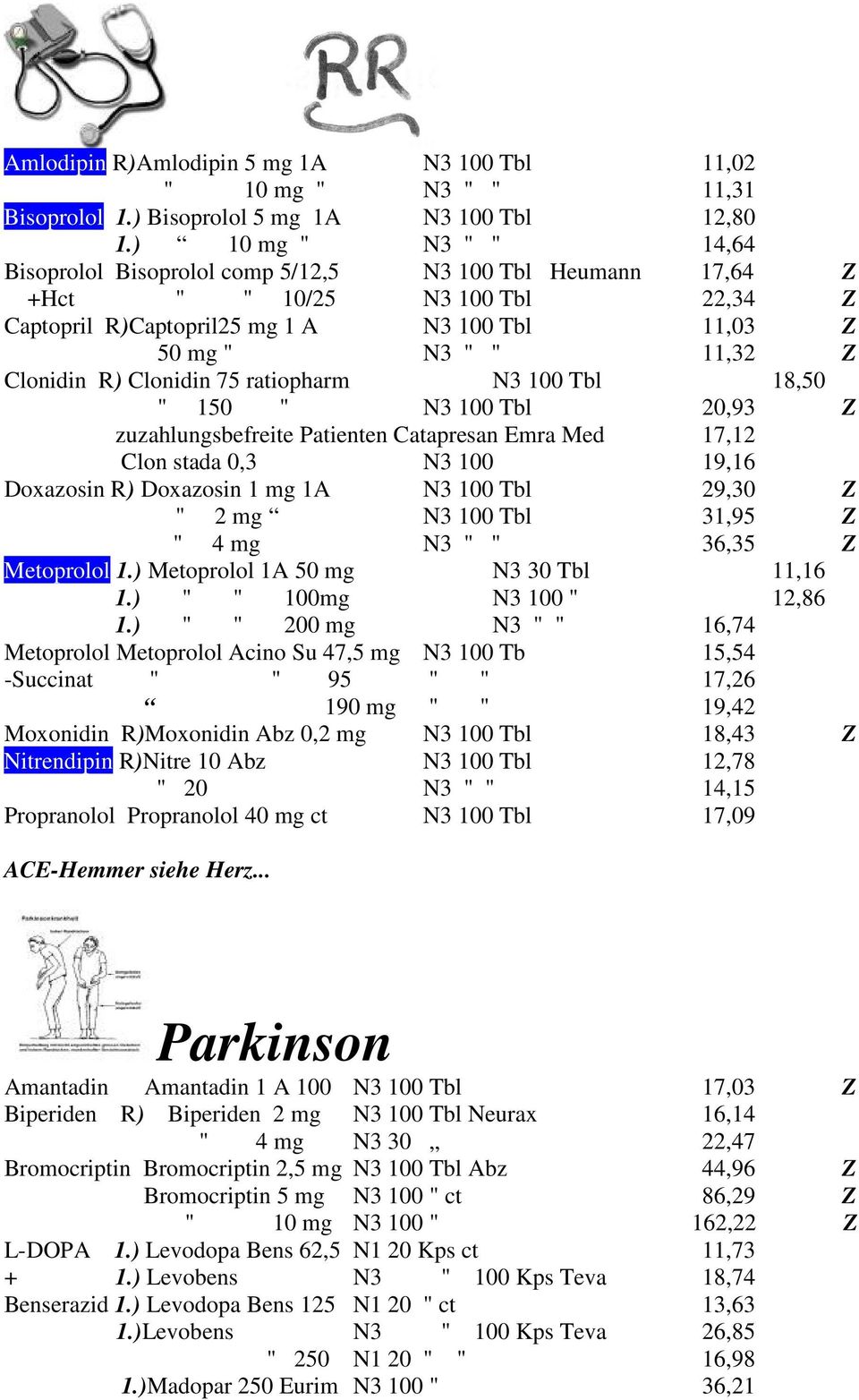 R) Clonidin 75 ratiopharm N3 100 Tbl 18,50 " 150 " N3 100 Tbl 20,93 Z zuzahlungsbefreite Patienten Catapresan Emra Med 17,12 Clon stada 0,3 N3 100 19,16 Doxazosin R) Doxazosin 1 mg 1A N3 100 Tbl