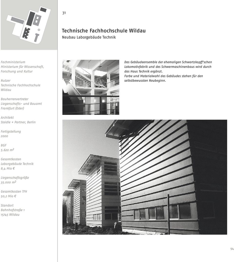 Technik ergänzt. Farbe und Materialwahl des Gebäudes stehen für den selbstbewussten Neubeginn. Architekt Steidle + Partner, Berlin 2000 BGF 5.