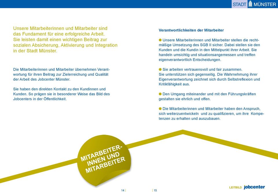 Die Mitarbeiterinnen und Mitarbeiter übernehmen Verant- wortung für ihren Beitrag zur Zielerreichung und Qualität der Arbeit des Jobcenter Münster.