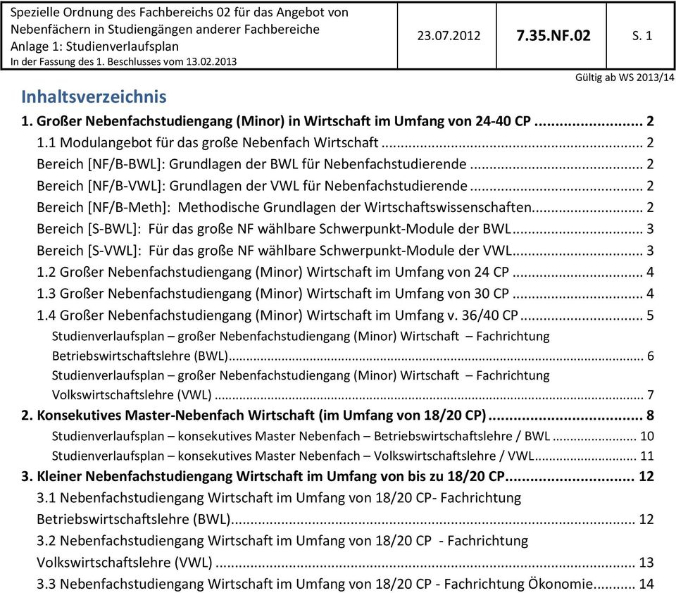 .. 2 Bereich [NF/B-Meth]: Methodische Grundlagen der Wirtschaftswissenschaften... 2 Bereich [S-BWL]: Für das große NF wählbare Schwerpunkt-Module der BWL.