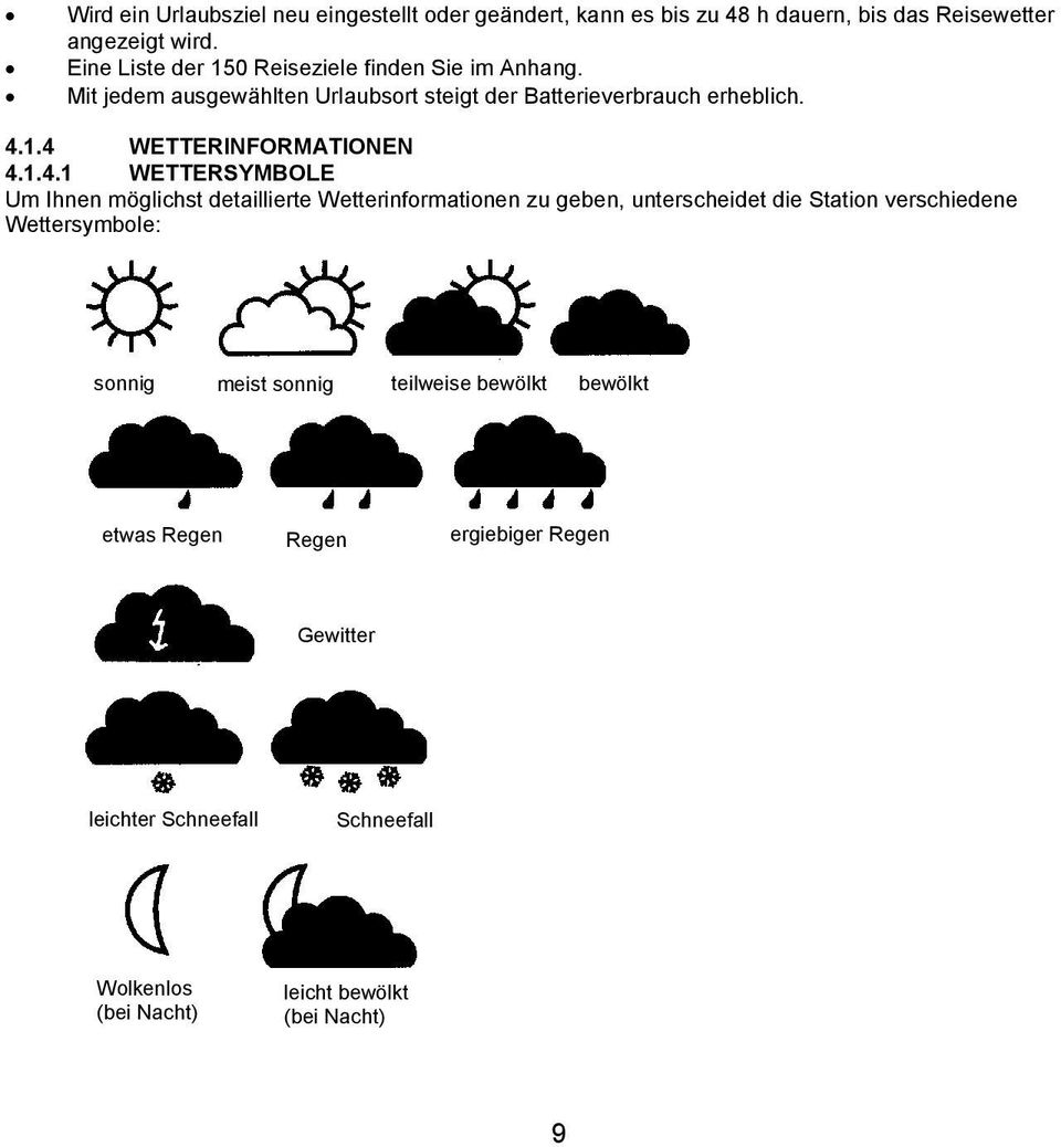 1.4.1 WETTERSYMBOLE Um Ihnen möglichst detaillierte Wetterinformationen zu geben, unterscheidet die Station verschiedene Wettersymbole: sonnig