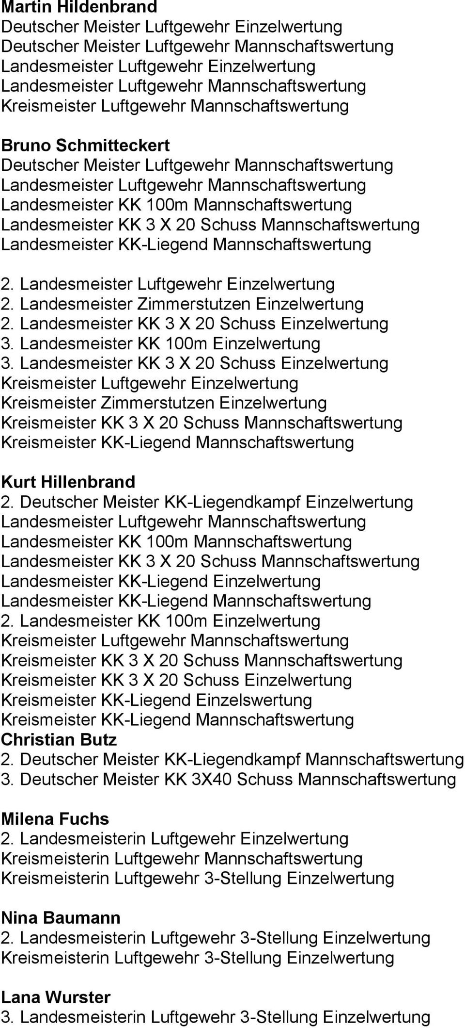 Landesmeister KK-Liegend Mannschaftswertung 2. Landesmeister Luftgewehr Einzelwertung 2. Landesmeister Zimmerstutzen Einzelwertung 2. Landesmeister KK 3 X 20 Schuss Einzelwertung 3.