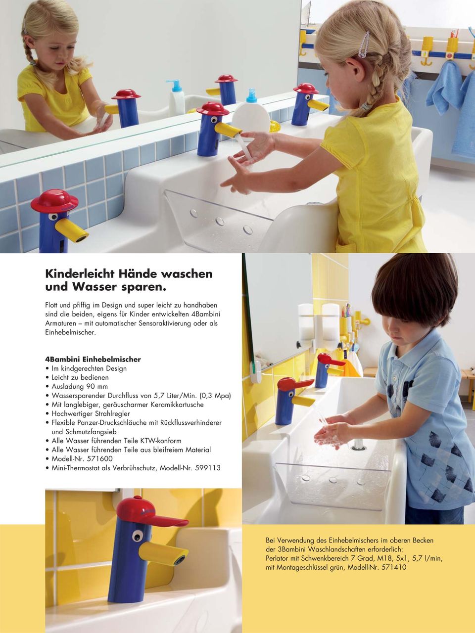 4Bambini Einhebelmischer Im kindgerechten Design Leicht zu bedienen Ausladung 90 mm Wassersparender Durchfluss von 5,7 Liter/Min.