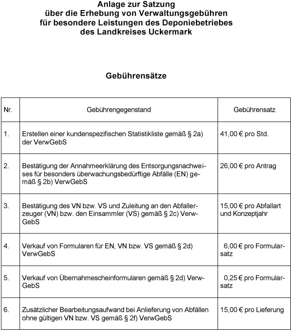 ) der VerwGebS 41,00 pro Std. 2. Bestätigung der Annahmeerklärung des Entsorgungsnachweises für besonders überwachungsbedürftige Abfälle (EN) gemäß 2b) VerwGebS 26,00 pro Antrag 3.