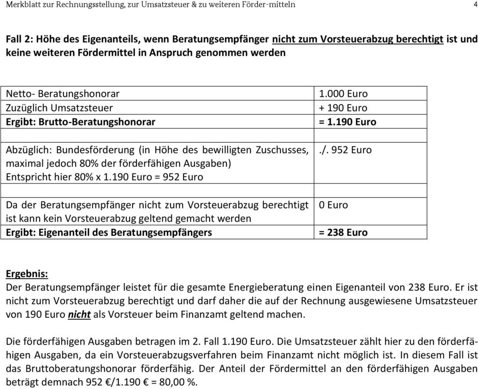 190 Euro = 952 Euro Da der Beratungsempfänger nicht zum Vorsteuerabzug berechtigt ist kann kein Vorsteuerabzug geltend gemacht werden./.