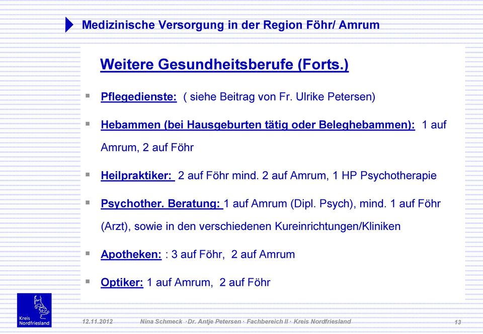 2 auf Amrum, 1 HP Psychotherapie Psychother. Beratung: 1 auf Amrum (Dipl. Psych), mind.