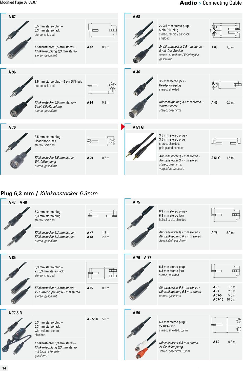 Klinkenkupplung 6,3 mm stereo stereo, geschirmt A 67 0, m x Klinkenstecker 3,5 mm stereo 5 pol.