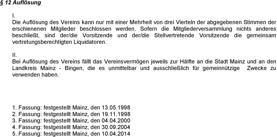 I Bei Auflösung des Vereins fällt das Vereinsvermögen jeweils zur Hälfte an die Stadt Mainz und an den Landkreis Mainz - Bingen, die es unmittelbar und ausschließlich für gemeinnützige Zwecke zu