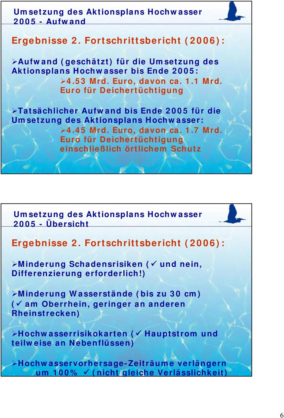 Euro für Deichertüchtigung einschließlich örtlichem Schutz Umsetzung des Aktionsplans Hochwasser 2005 - Übersicht Ergebnisse 2.