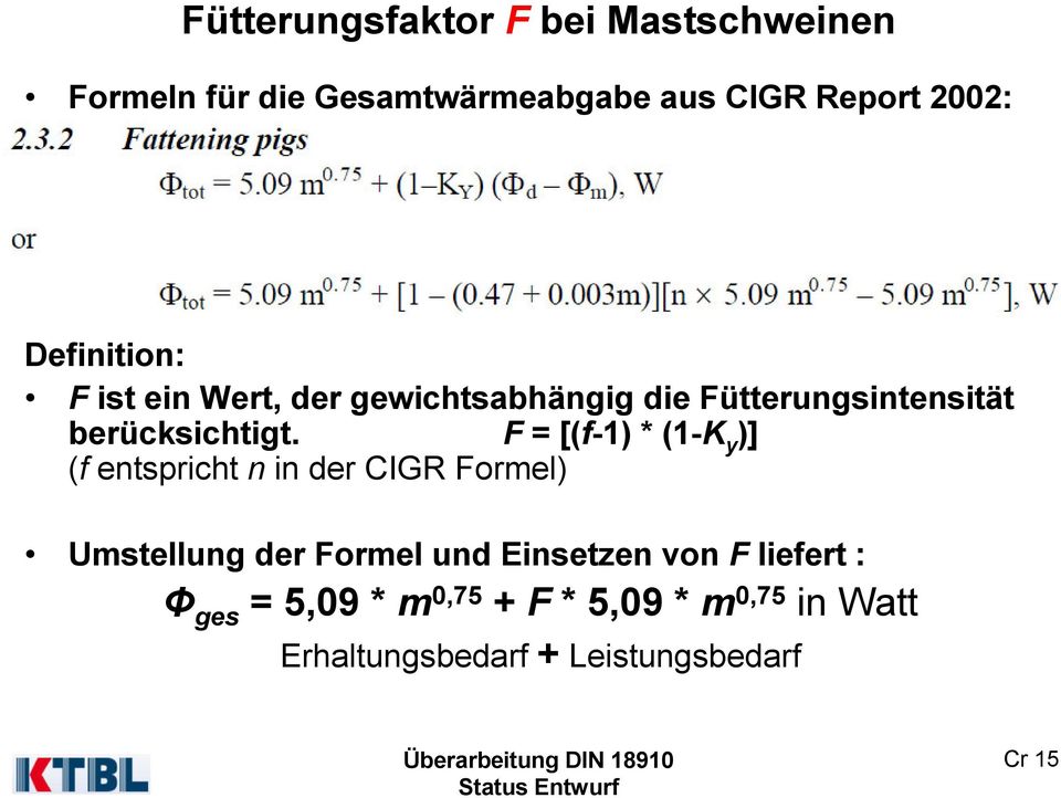 F= [(f-1) * (1-K y )] (fentspricht nin der CIGR Formel) Umstellung der Formel und Einsetzen