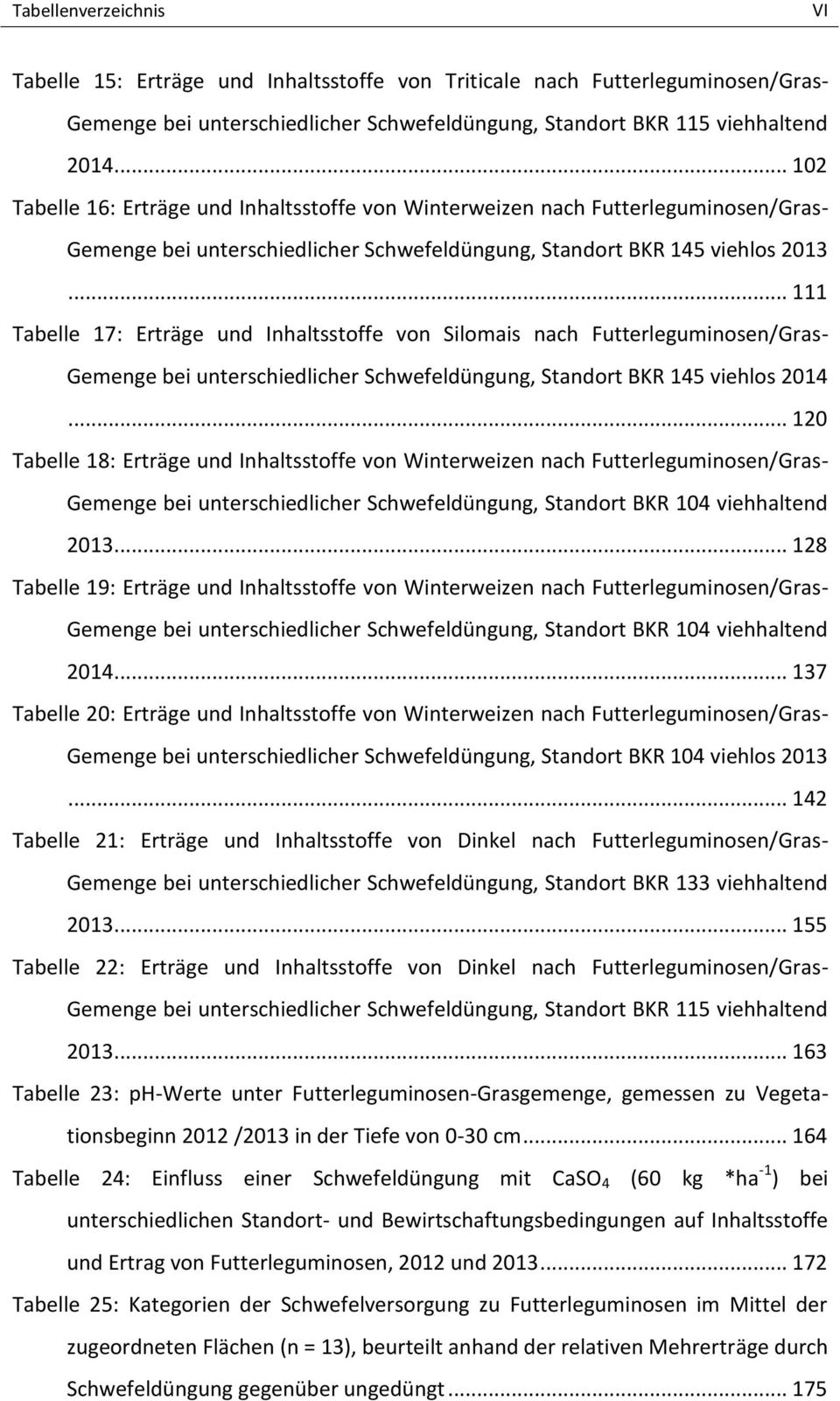 .. 111 Tabelle 17: Erträge und Inhaltsstoffe von Silomais nach Futterleguminosen/Gras- Gemenge bei unterschiedlicher Schwefeldüngung, Standort BKR 145 viehlos 2014.