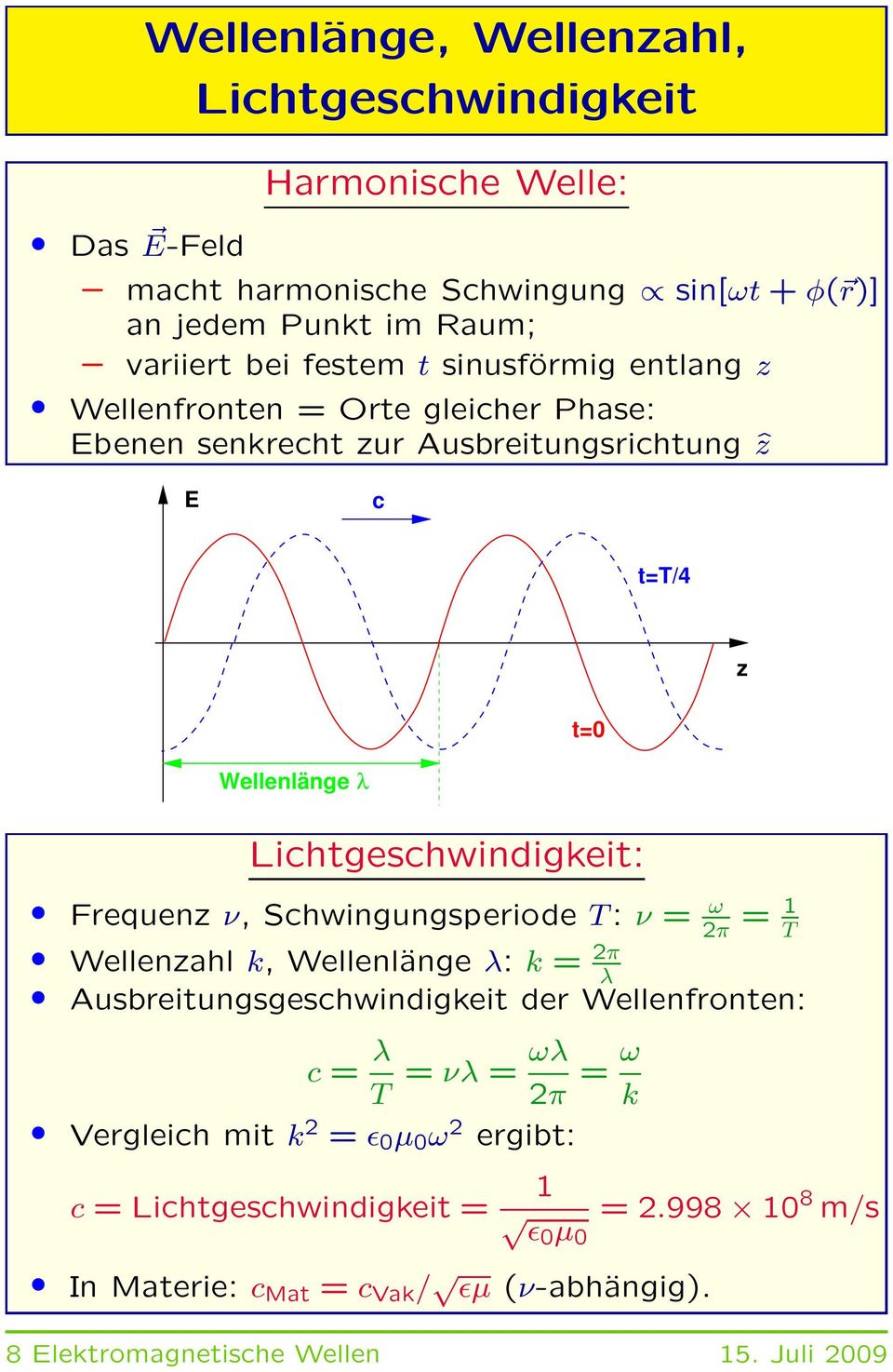 Frequenz ν, Schwingungsperiode T: ν = ω 2π = 1 T Wellenzahl k, Wellenlänge λ: k = 2π λ Ausbreitungsgeschwindigkeit der Wellenfronten: c = λ ωλ = νλ = T 2π = ω