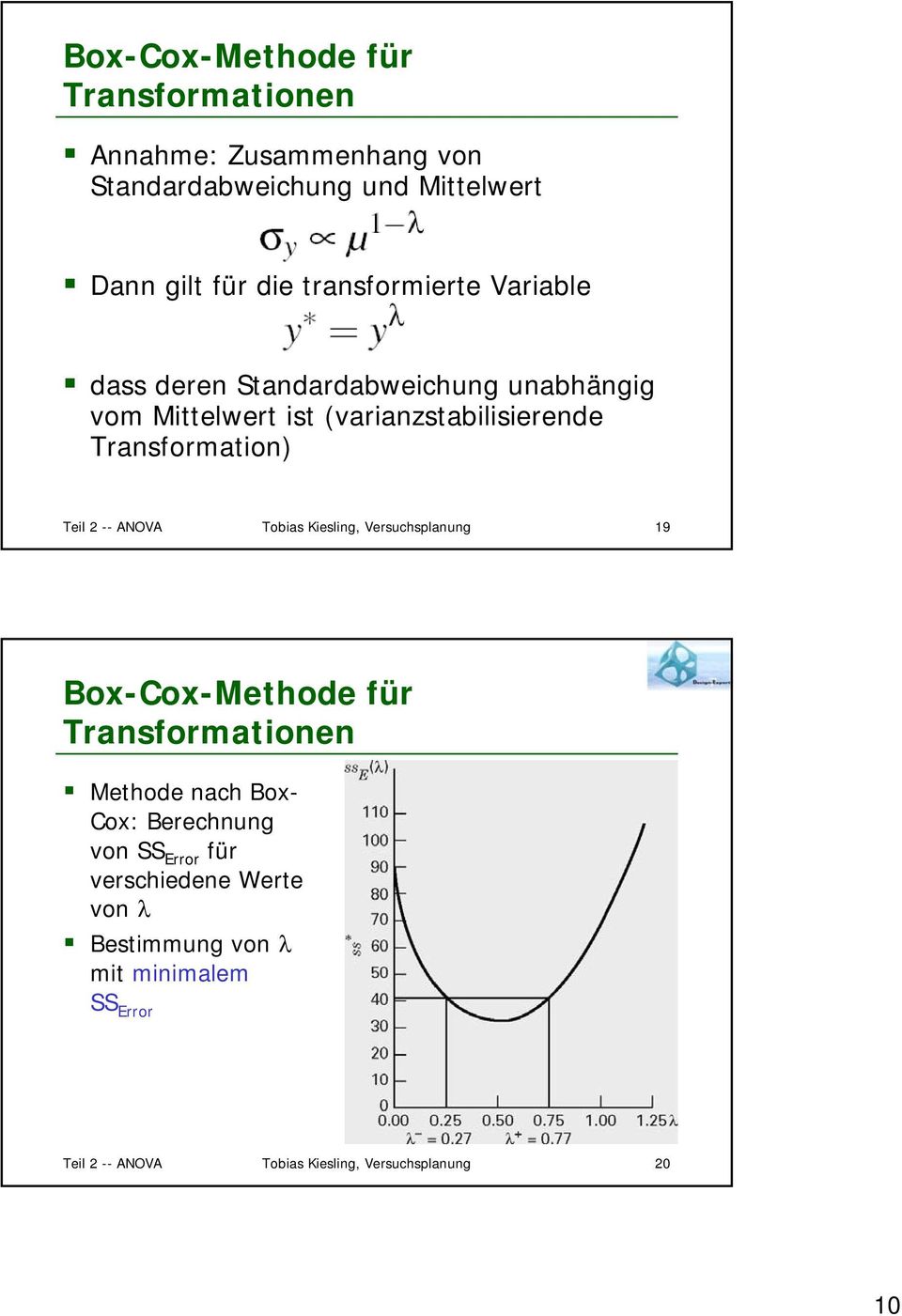 Teil 2 -- ANOVA Tobias Kiesling, Versuchsplanung 19 Box-Cox-Methode für Transformationen Methode nach Box- Cox: Berechnung