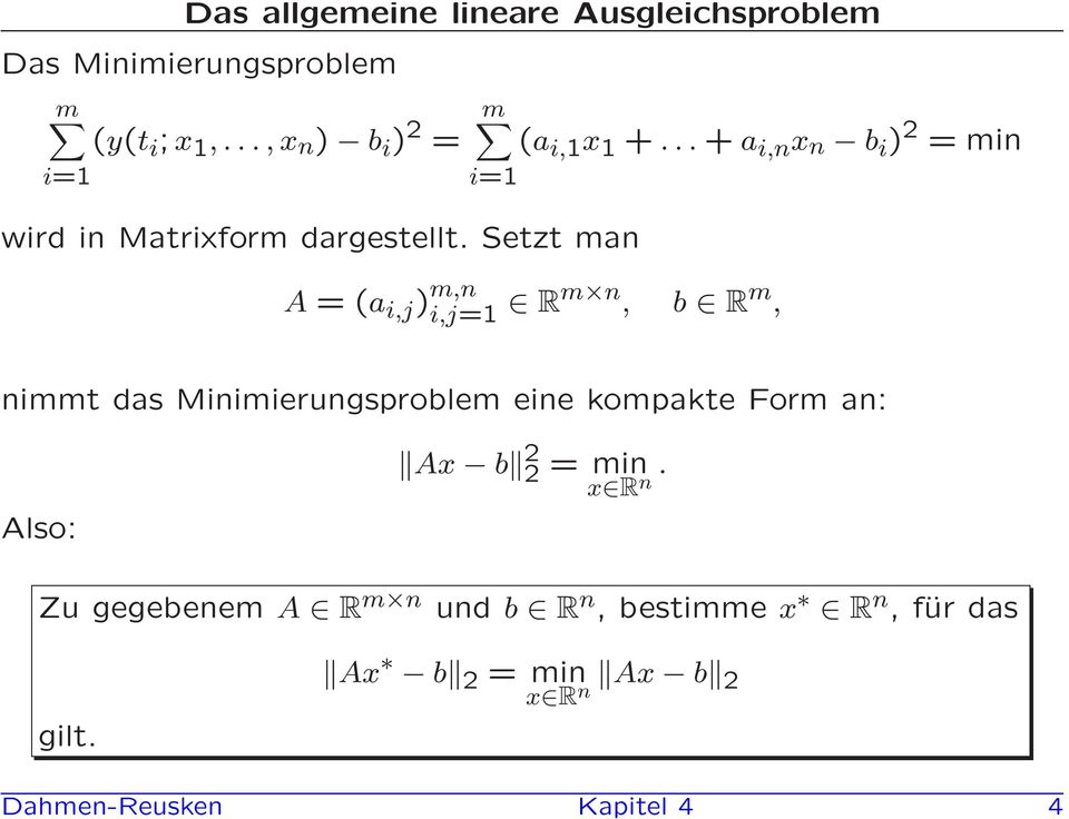 i,j=1 Rm n, b R m, nimmt das Minimierungsproblem eine kompakte Form an: Also: Ax b 2 2 = min x R n Zu