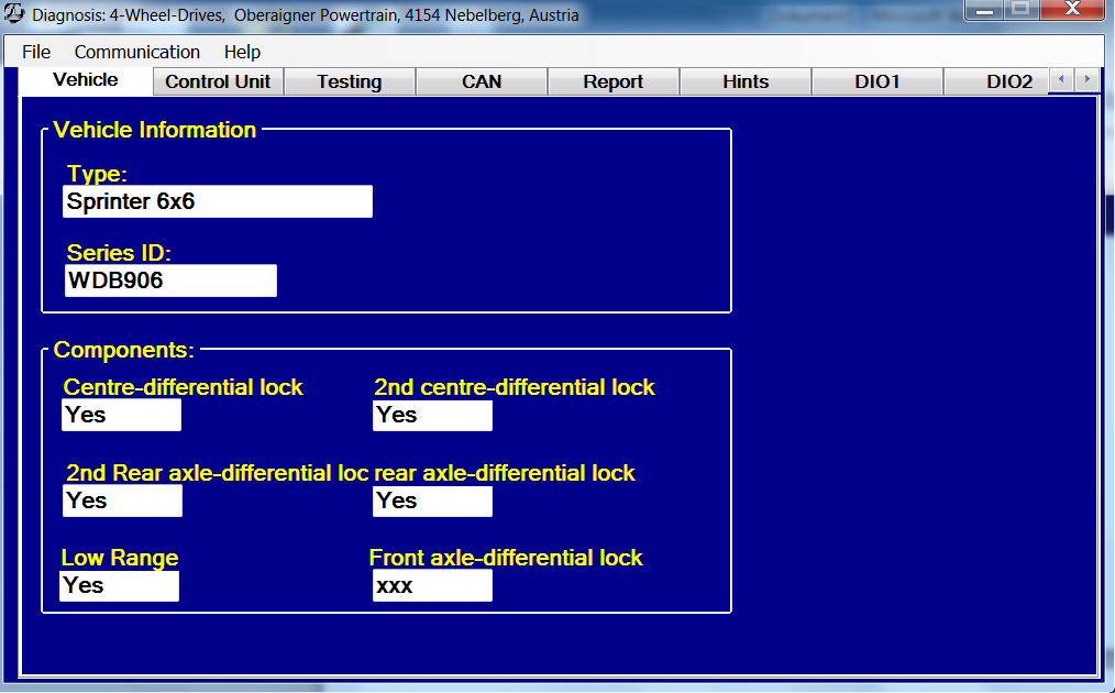 IMPLEMENTING INSTRUCTION Application: Diagnosis at Oberaigner Control Unit 5. Select COM-Port highest port : 6. The specific vehicle information are displayed.