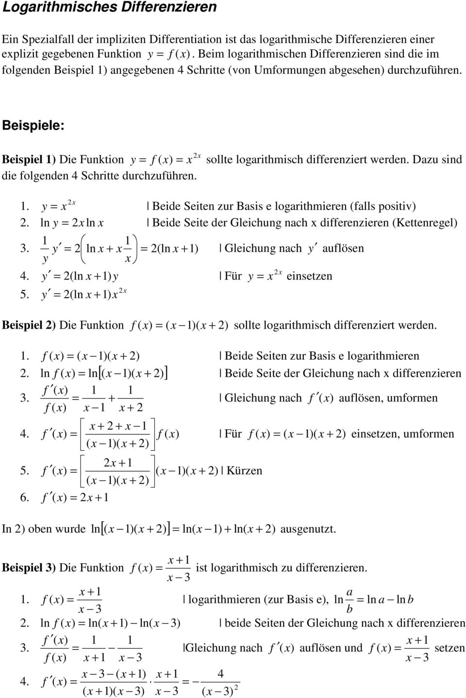 Beispiele: Beispiel 1) Die Funktion = f ( ) = sollte logarithmisch ifferenziert weren. Dazu sin ie folgenen Schritte urchzuführen. 1. = Beie Seiten zur Basis e logarithmieren (falls positiv).
