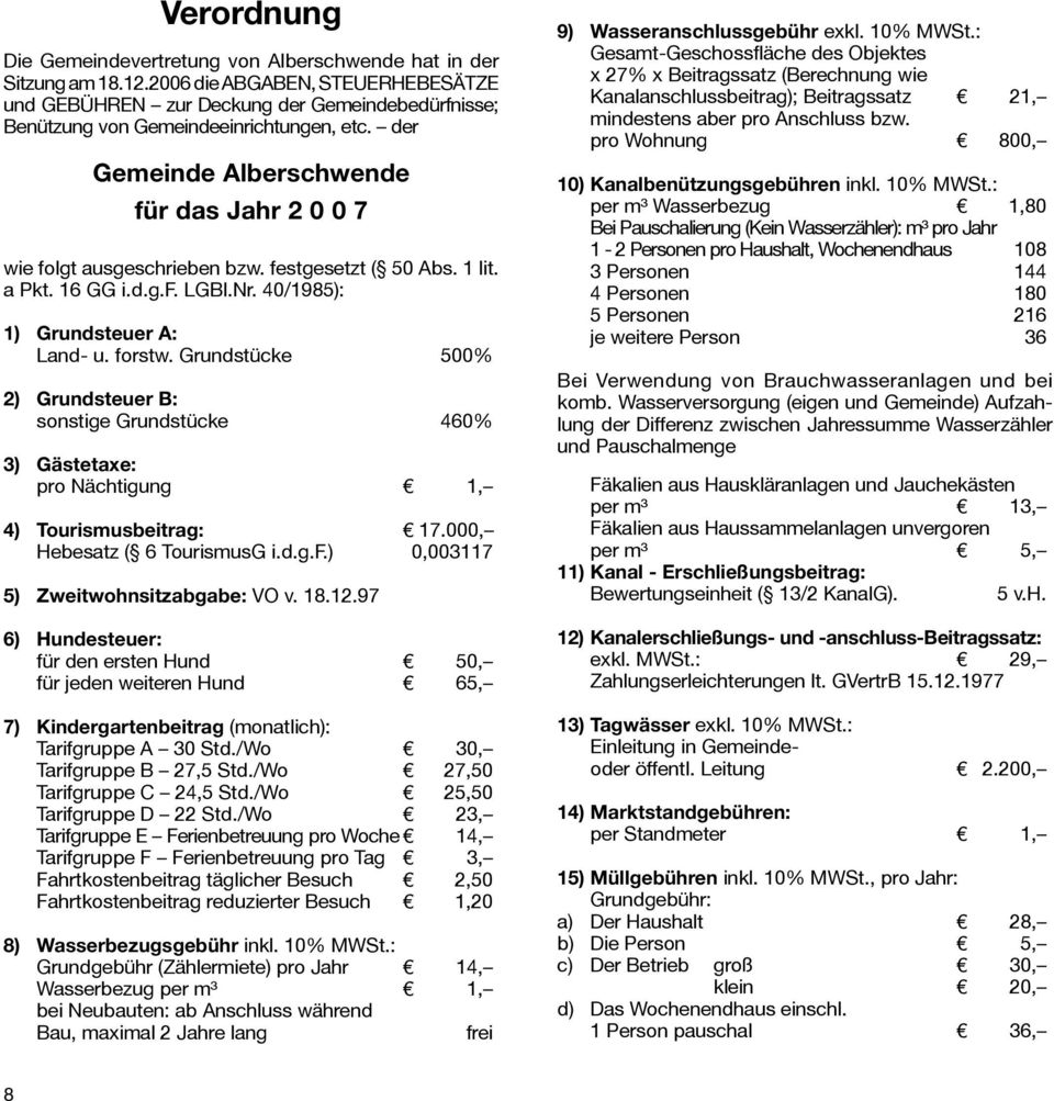 der Gemeinde Alberschwende für das Jahr 2 0 0 7 wie folgt ausgeschrieben bzw. festgesetzt ( 50 Abs. 1 lit. a Pkt. 16 GG i.d.g.f. LGBl.Nr. 40/1985): 1) Grundsteuer A: Land- u. forstw.