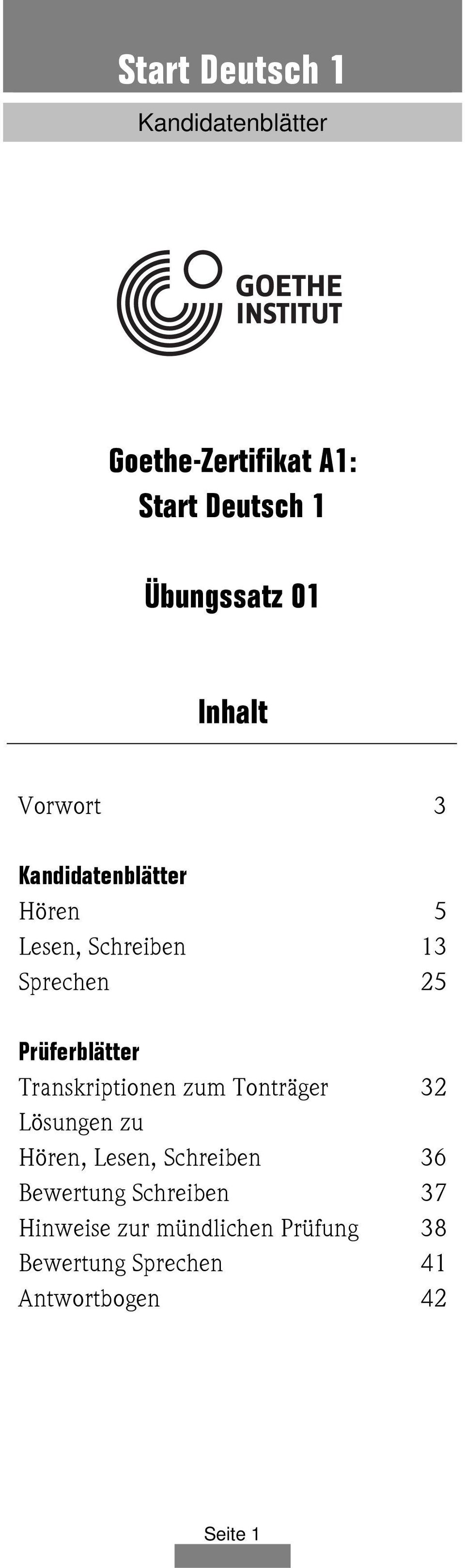 Start Deutsch 1 Kandidatenblätter Goethe Zertifikat A1 Start