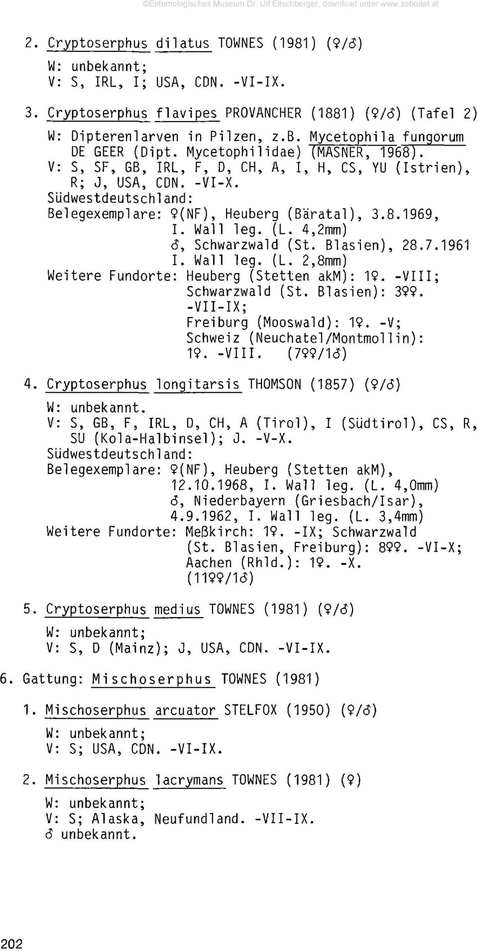 4,2mm) 6, Schwarzwald (St. Blasien), 28.7.1961 I. Wall leg. (L. 2,8mm) Weitere Fundorte: Heuberg (Stetten akm): 19. -VIII; Schwarzwald (St. Blasien): 399. -VII-IX; Freiburg (Mooswald): 19.