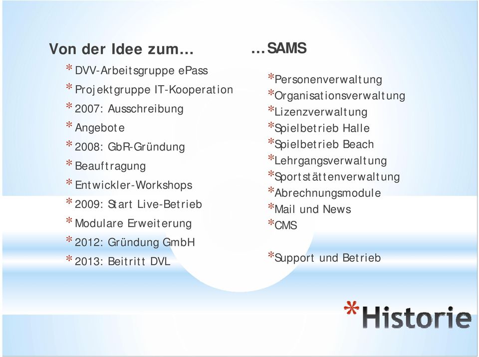 GmbH * 2013: Beitritt DVL SAMS *Personenverwaltung *Organisationsverwaltung *Lizenzverwaltung *Spielbetrieb Halle