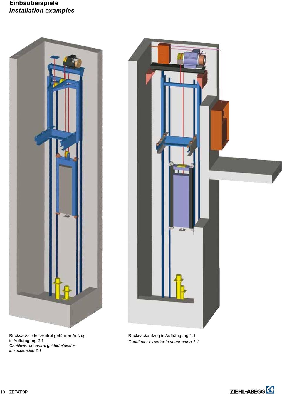 central guided elevator in suspension 2:1 Rucksackaufzug