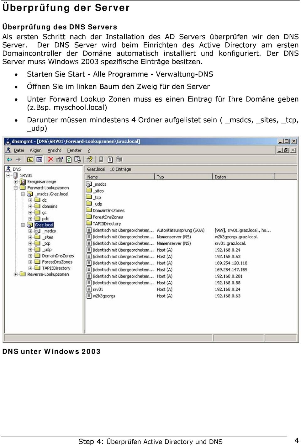 Der DNS Server muss Windows 2003 spezifische Einträge besitzen.
