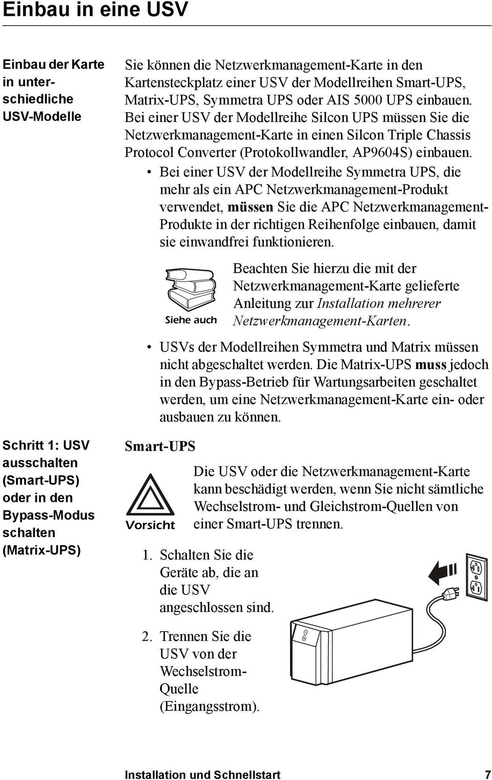 Bei einer USV der Modellreihe Silcon UPS müssen Sie die Netzwerkmanagement-Karte in einen Silcon Triple Chassis Protocol Converter (Protokollwandler, AP9604S) einbauen.