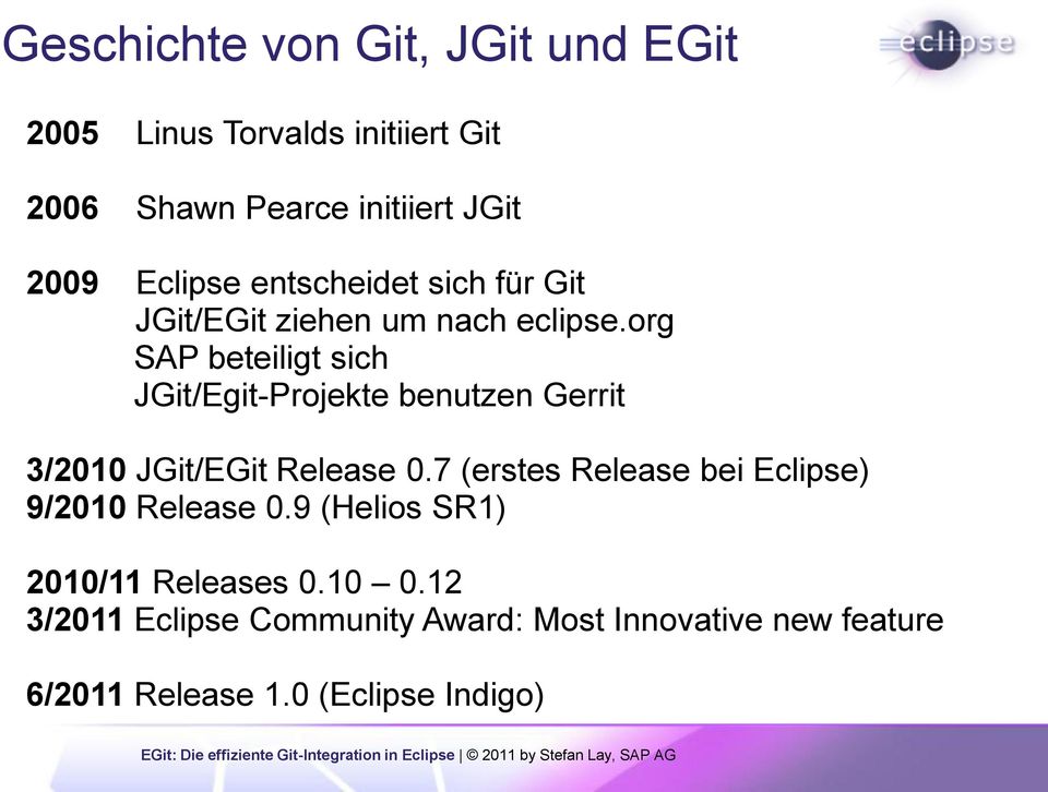 org SAP beteiligt sich JGit/Egit-Projekte benutzen Gerrit 3/2010 JGit/EGit Release 0.