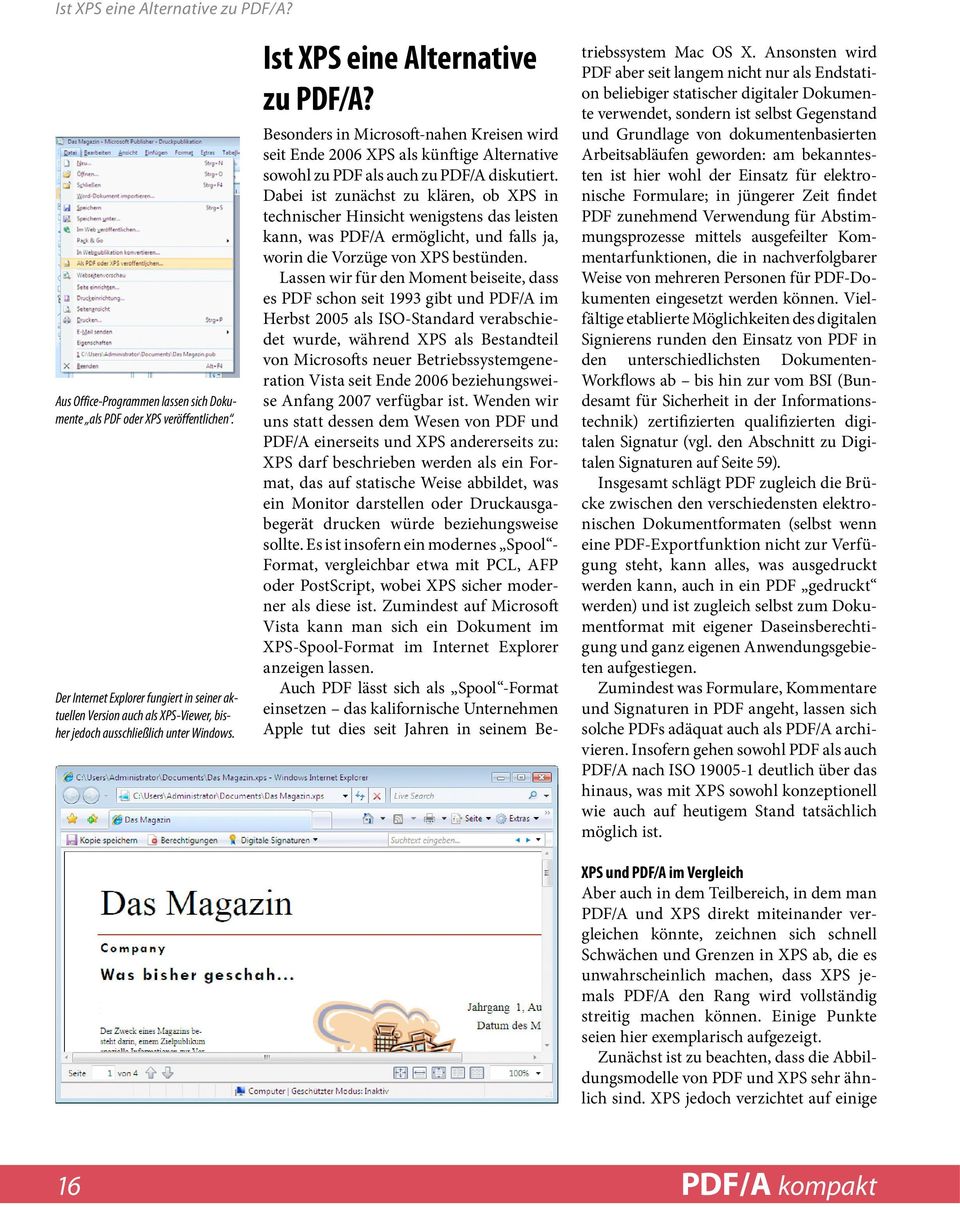 Besonders in Microsoft-nahen Kreisen wird seit Ende 2006 XPS als künftige Alternative sowohl zu PDF als auch zu PDF/A diskutiert.