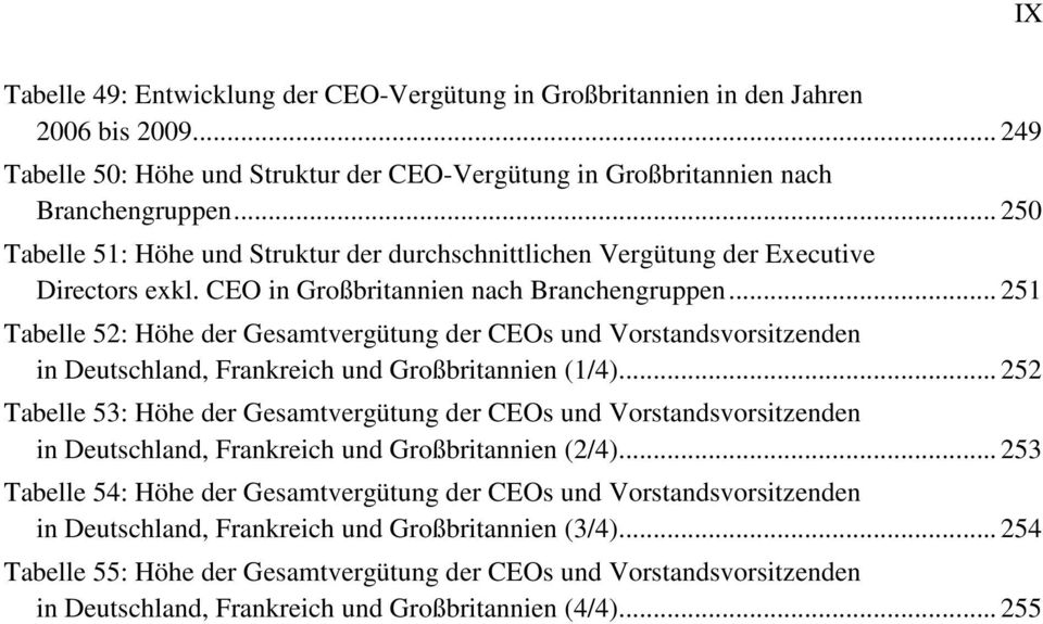 .. 251 Tabelle 52: Höhe der Gesamtvergütung der CEOs und Vorstandsvorsitzenden in Deutschland, Frankreich und Großbritannien (1/4).