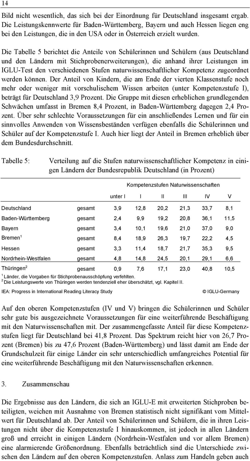 Die Tabelle 5 berichtet die Anteile von Schülerinnen und Schülern (aus Deutschland und den Ländern mit Stichprobenerweiterungen), die anhand ihrer Leistungen im IGLU-Test den verschiedenen Stufen