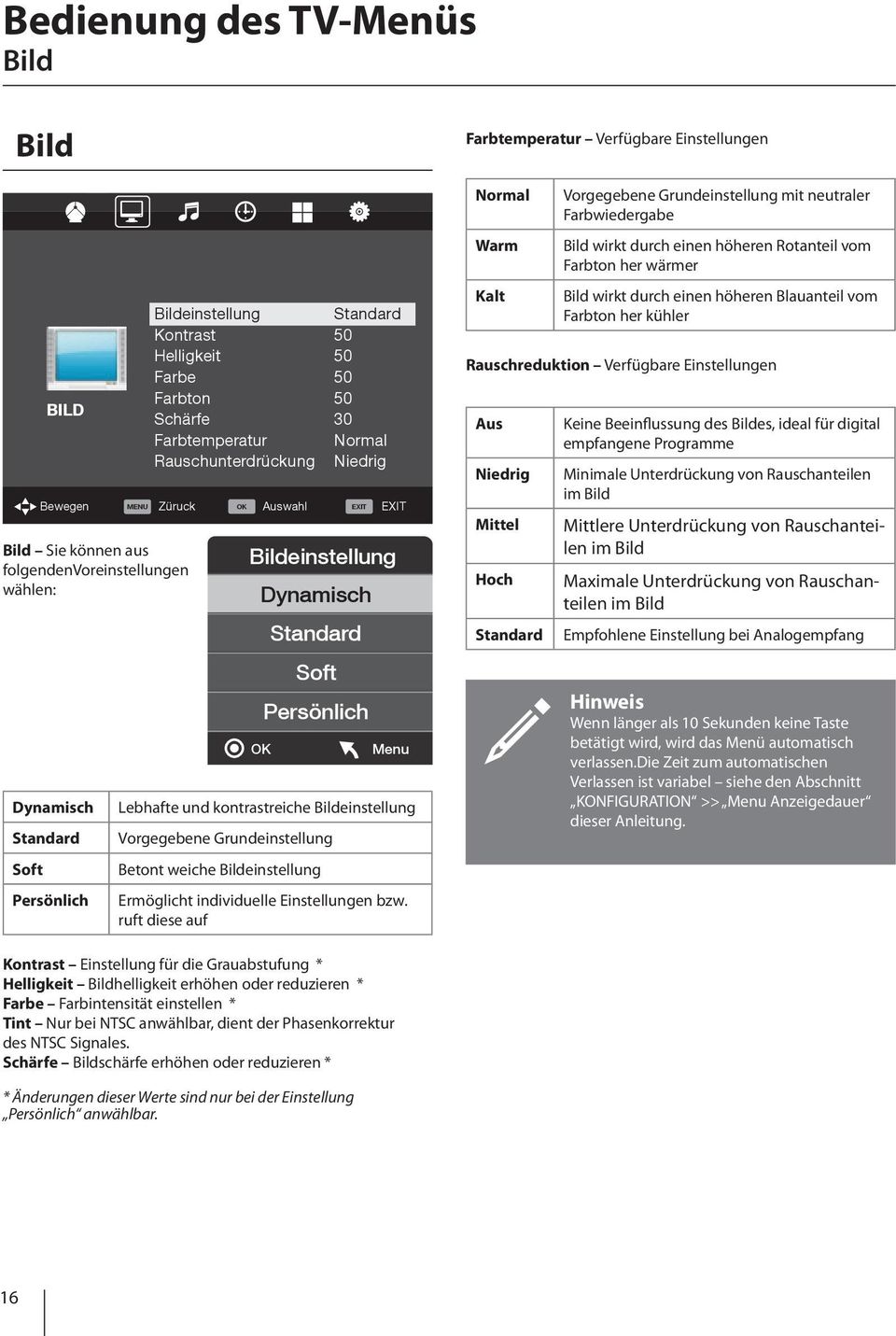 Bildeinstellung Dynamisch Standard Soft Persönlich OK Menu Ermöglicht individuelle Einstellungen bzw.