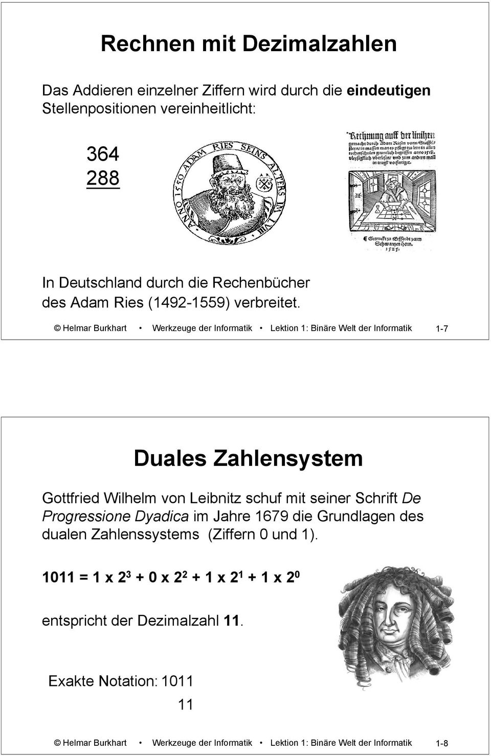 Helmar Burkhart Werkzeuge der Informatik Lektion 1: Binäre Welt der Informatik 1-7 Duales Zahlensystem Gottfried Wilhelm von Leibnitz schuf mit seiner Schrift