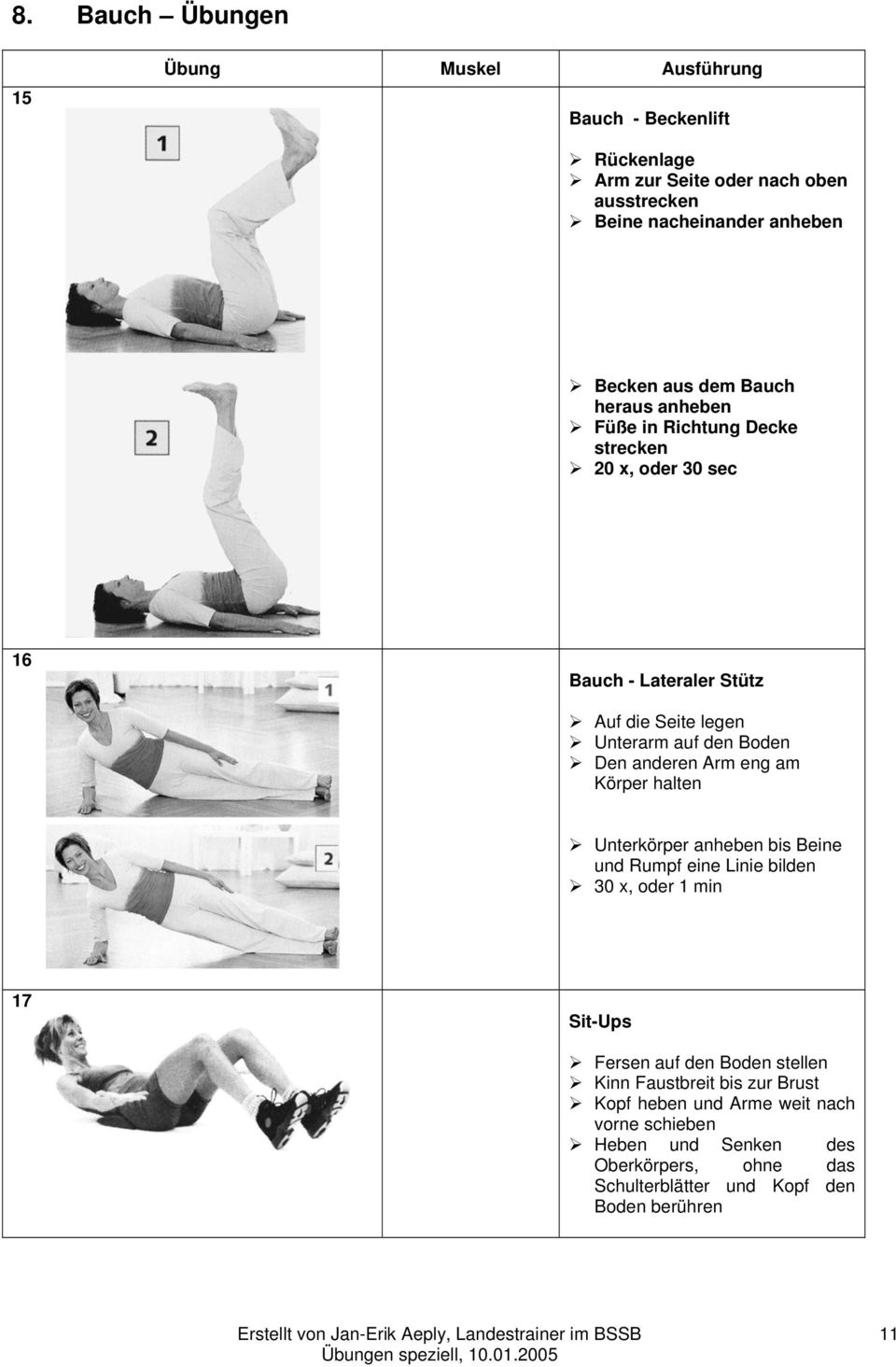 anderen Arm eng am Körper halten Unterkörper anheben bis Beine und Rumpf eine Linie bilden 30 x, oder 1 min 17 Sit-Ups Fersen auf den Boden stellen Kinn
