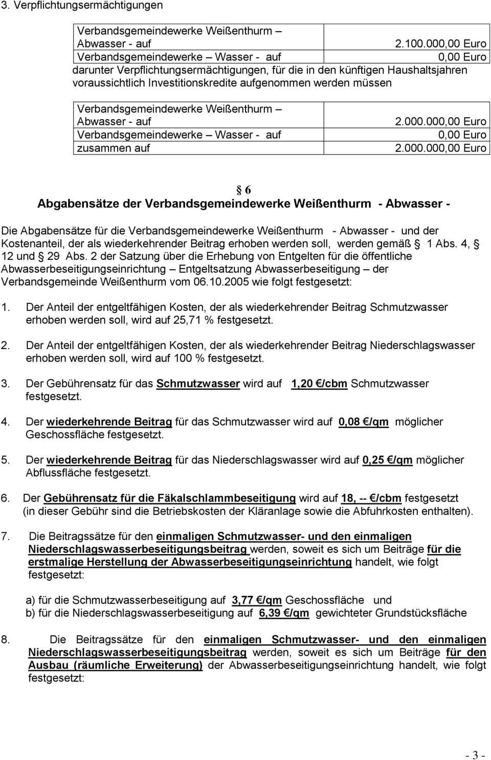00 6 Abgabensätze der Verbandsgemeindewerke Weißenthurm - Abwasser - Die Abgabensätze für die Verbandsgemeindewerke Weißenthurm - Abwasser - und der Kostenanteil, der als wiederkehrender Beitrag