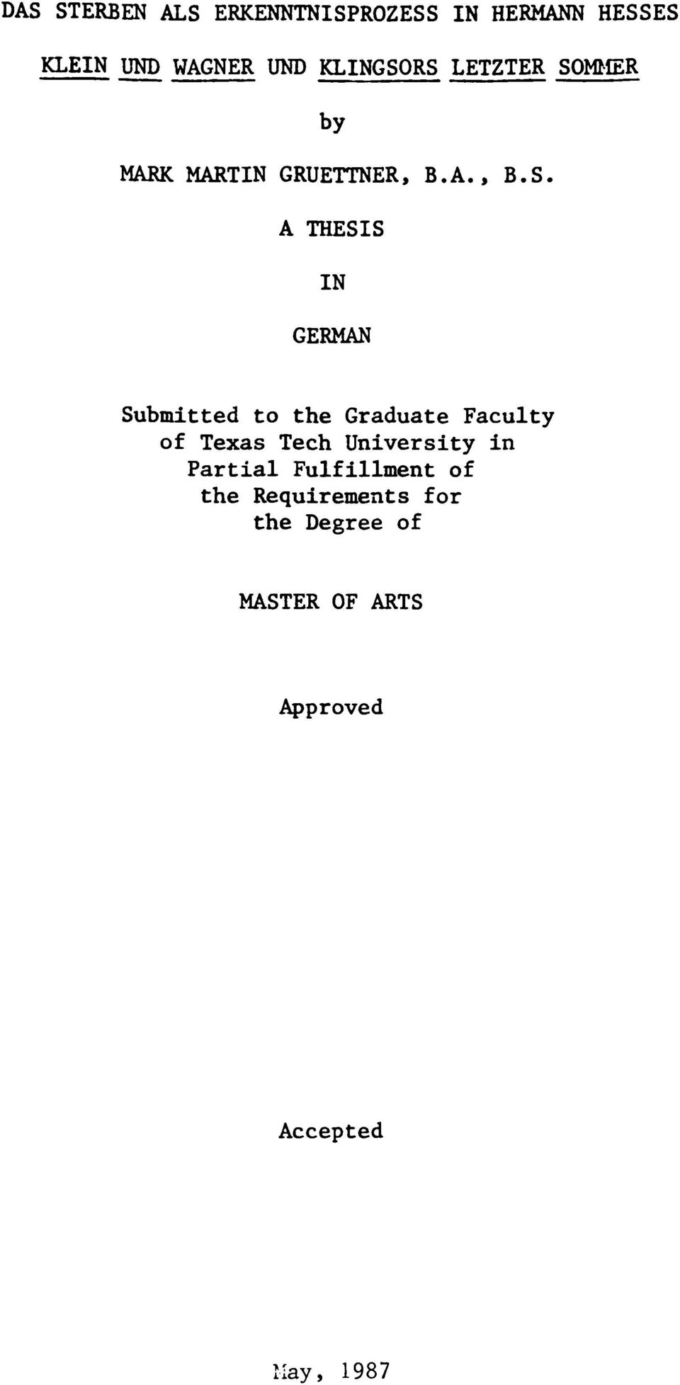 RS LETZTER SOM^ER by MARK MARTIN GRUETTNER, B.A., B.S. A THESIS IN GERMAN